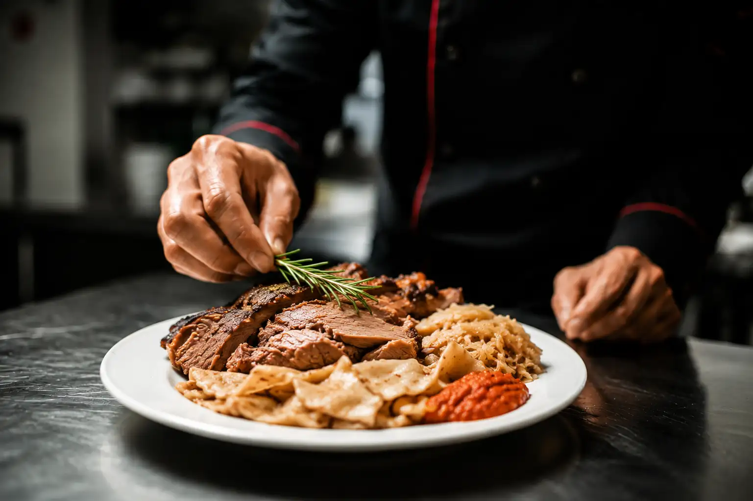 Pečena svinjetina s mlincima — klasično jelo kontinentalne hrvatske kuhinje, restoran U. O. Zrinski